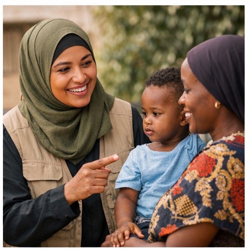 Health worker showing health information on phone to community member