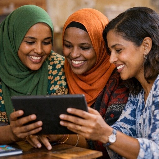 Women empowerment group learning session with tablet